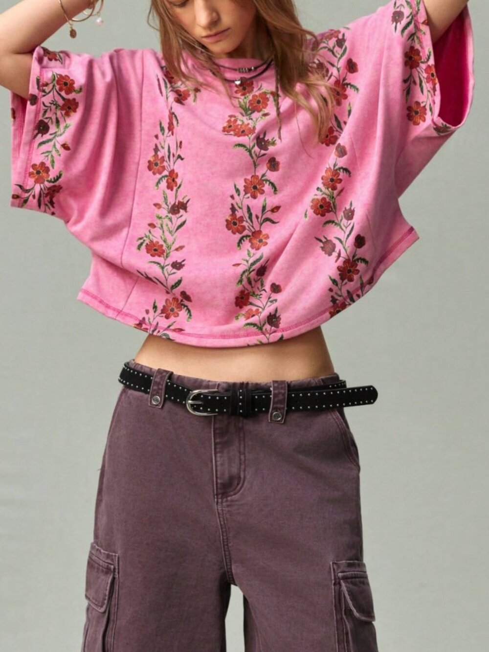 Hot Pink Casual Women's Floral Embroidery Boat Neck Batwing Slim Fit Cotton Top - Picture 3 of 7